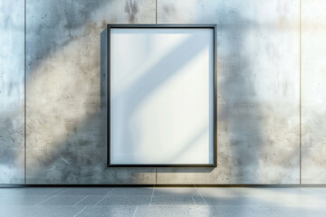 A single, oversized mockup art frame dominating a sleek silver wall, bathed in a wash of natural light from an unseen source. The frame's bold presence 