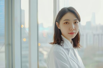 Chinese female doctor in a white coat with gray hair with a sweet smile against the background of a window in the hospital. Concept of modern medicine, health.