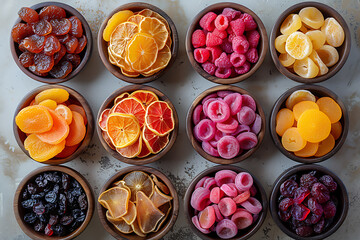 Assorted dried fruits, including apricots, figs and raisins, arranged in a rustic style, perfect for a healthy snack