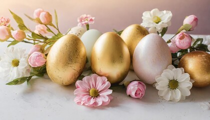 Obraz na płótnie Canvas happy easter decoration concept colourful easter eggs with flowers on pink and white background