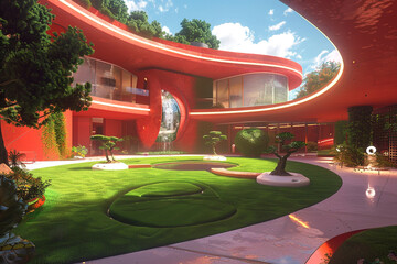 A futuristic dwelling with a striking red exterior, complemented by a verdant, eco-friendly lawn....