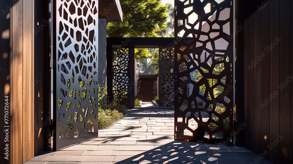 Poster an avant-garde main gate with abstract geometric patterns laser-cut into metal panels, casting intri
