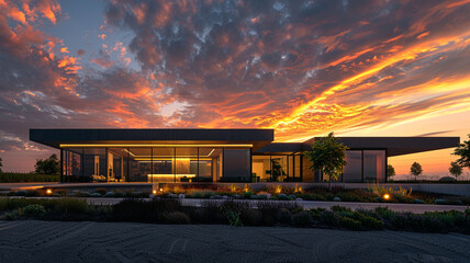 A panoramic shot showcasing a contemporary home's sleek silhouette against a dramatic sunset sky, with indoor and outdoor lighting softly illuminating its architectural features and landscaping. - Powered by Adobe