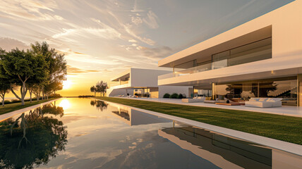 Elegant white structure with sweeping lawns and a pristine pool, under the golden light of dawn,...