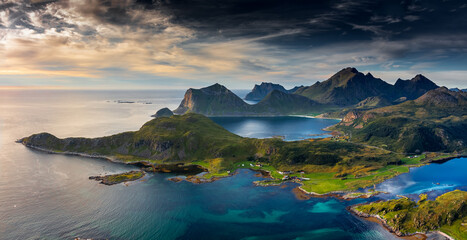 Amazing panorama of the Lofoten Islands sunset from Offersoykammen mount trail,  Norway