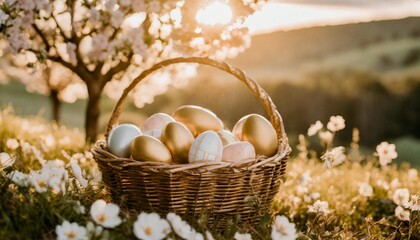easter eggs in a basket with flowers and trees