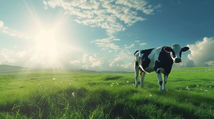 3d Showcase the freshness of milk with a vibrant backdrop featuring images of lush green pastures and contented cows grazing in the sunshine ::3 glitchart ::3 --ar 16:9 --quality 0.5 Job ID: 2eb4a675 - obrazy, fototapety, plakaty