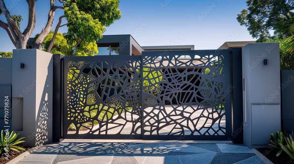 Poster an avant-garde main gate with abstract geometric patterns laser-cut into metal panels, casting intri