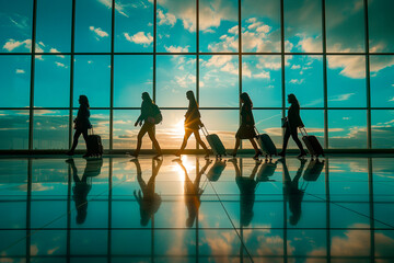 Women walking carrying their luggage at the airport ready to board the plane - obrazy, fototapety, plakaty