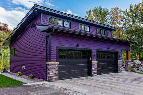 Newly built luxury home, modern style, boasting a two-car garage, encased in vibrant violet siding and enhanced with natural stone wall trim.