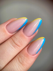 Ukrainian Design Gel Nails Polish. Yellow and Blue French Manicure. 