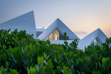 White, angular architecture nestled within vibrant green foliage under a serene sky at dusk,...