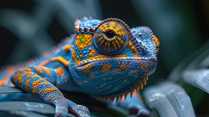Vividly colored chameleon with detailed skin texture perched on a branch amidst green foliage