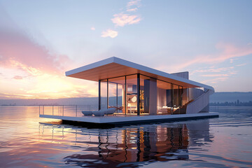 An innovative floating house with a sleek design, large windows, and a private deck on the water.
