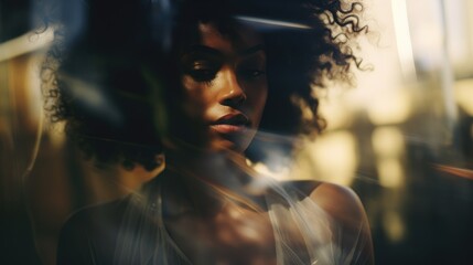 black afro Street dreamy photo sad woman model window looking at camera portrait reflection glare - obrazy, fototapety, plakaty