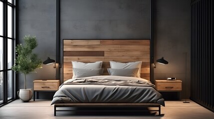 Minimal bedroom interior with wooden bed and cozy furniture.