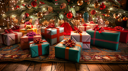 Naklejka na ściany i meble Festive Presents Under a Sparkling Christmas Tree