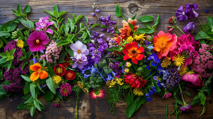 Fototapeta na wymiar Vibrant Display of Edible Flowers and Herbs