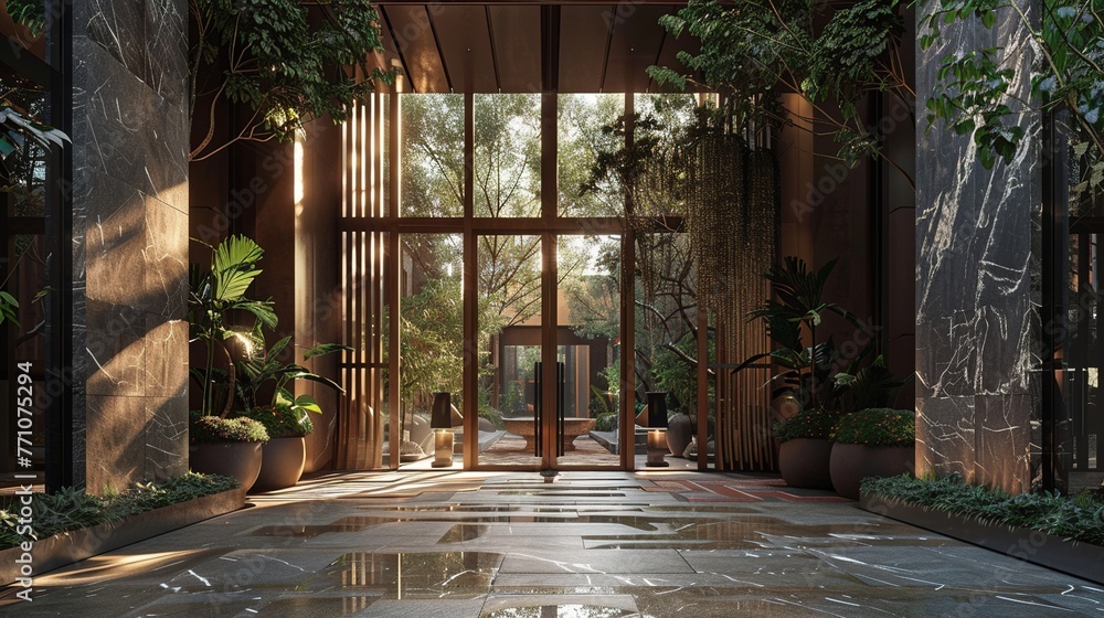 Poster an innovative main door design with a pivoting mechanism, creating a striking focal point that invit