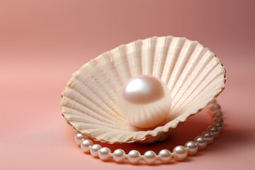 Close-up of exquisite pink pearl nestled in beautiful shell on peach fuzz colored  background