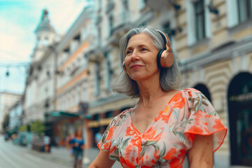 A senior woman with headphones is cheerfully listening to music on the street.