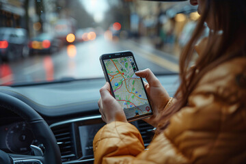 Detail of a cell phone in the hand while driving. The phone shows a map of the area