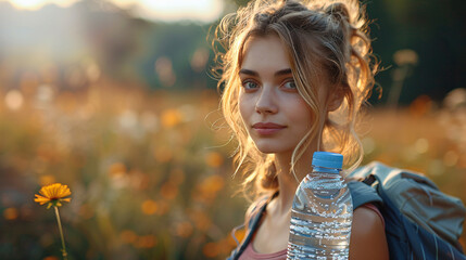 Blonde woman with blue eyes holds a bottle of water. Concept of freshness and vitality, outdoors.