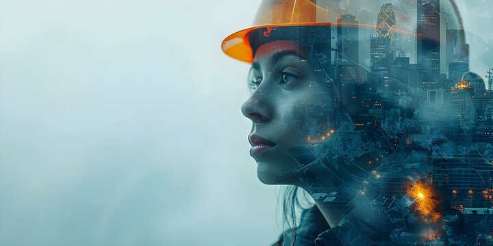 Futuristic Construction Project: Double Exposure of Building Engineer and Construction Worker with Modern Civil Equipment. Concept Futuristic Projects, Double Exposure, Building Engineer