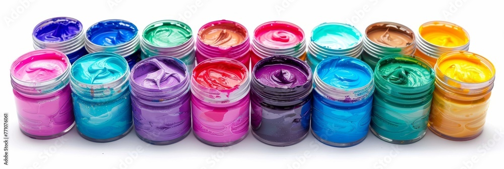 Poster assortment of open paint cans on a colorful and vibrant background with multiple hues