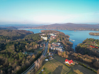 view of the tourist village Polańczyk and the Solina dam reservoir