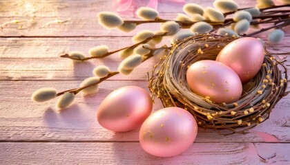 pink easter eggs and willow branches on pink wooden background