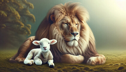 A lion laying with a lamb in a peaceful setting depicting harmony and tranquility