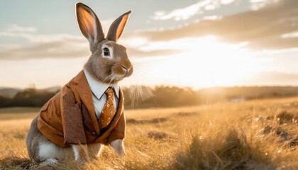 cool looking rabbit wearing funky fashion dress jacket shirt tie wide banner with space for text at side stylish animal posing - obrazy, fototapety, plakaty