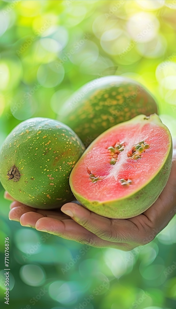 Poster hand holding tropical guava with blurred background, guava selection display with copy space
