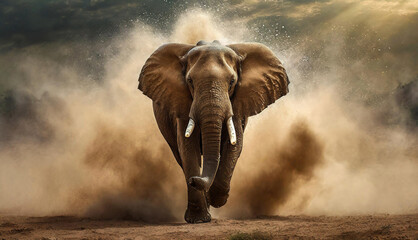 Eléphant africain courant dans un nuage de poussières - obrazy, fototapety, plakaty