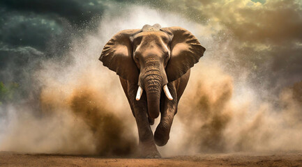 Eléphant africain courant dans un nuage de poussières - 771077058