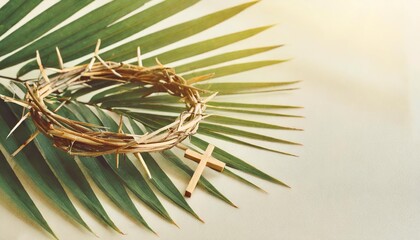 crown of thorns cross and palm leaves palm sunday and easter day concept copy space - obrazy, fototapety, plakaty