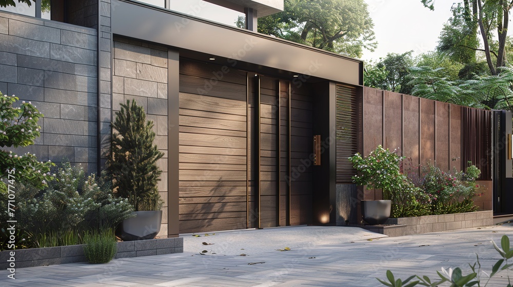Poster an innovative main gate featuring a sliding mechanism that retracts seamlessly into the wall, maximi