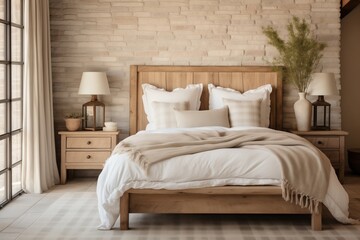 Fototapeta na wymiar Wood bedside cabinet, bed beige blanket, modern farmhouse interior bedroom, lining wall, beam ceiling