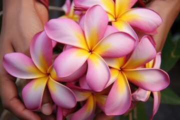 A person holds a beautiful bunch of pink and yellow Plumeria flowers in their hands, radiating joy and beauty. Generative AI