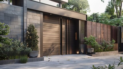 An innovative main gate featuring a sliding mechanism that retracts seamlessly into the wall,...
