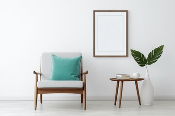 Wood Chair, Teal Cushion, White Wall, Art Poster Frame, Mid-century Living Room Interior