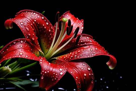 A vibrant red lily glistens in the sunlight, adorned with sparkling water droplets that enhance its natural beauty. Generative AI