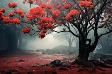 A majestic tree with red Silk Cotton flowers stands boldly in the heart of a mystical forest, radiating beauty and grace. Generative AI - obrazy, fototapety, plakaty
