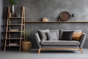 Modern Living Room, Scandinavian Home Interior, Sofa, Lounge Chair, Rustic Shelves, Grey Wall, Attic Space - obrazy, fototapety, plakaty