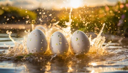 white eggs or easter egg with colorful splashing water background - obrazy, fototapety, plakaty