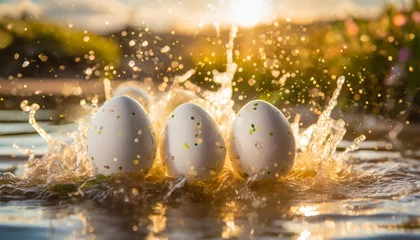Fotobehang white eggs or easter egg with colorful splashing water background © Sawyer