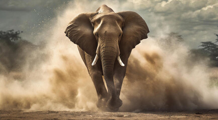 Eléphant africain courant dans un nuage de poussières - 771077695