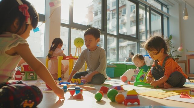 Children playing with colorful toys in a sunlit room, depicting childhood, learning, and playtime.