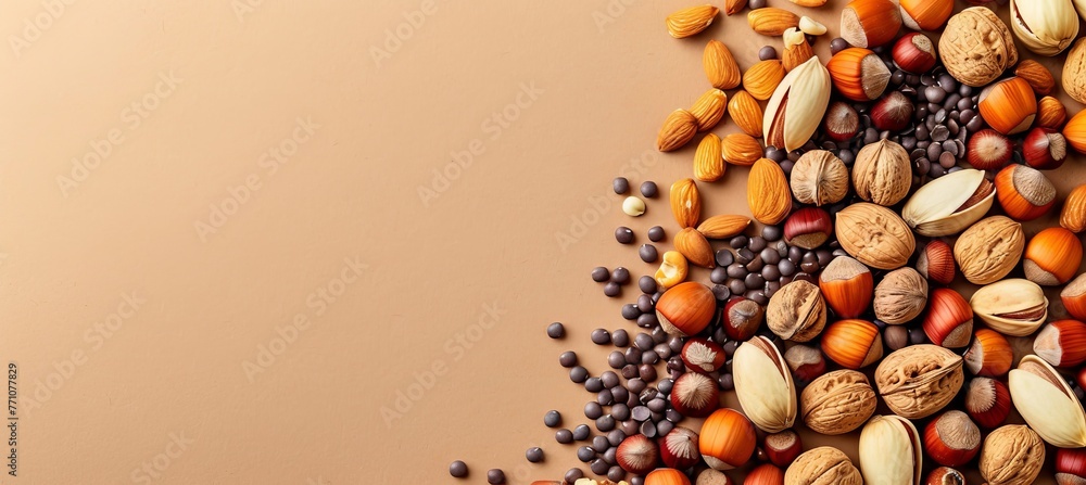 Aufkleber assorted nuts on light brown background with ample blank area for text placement